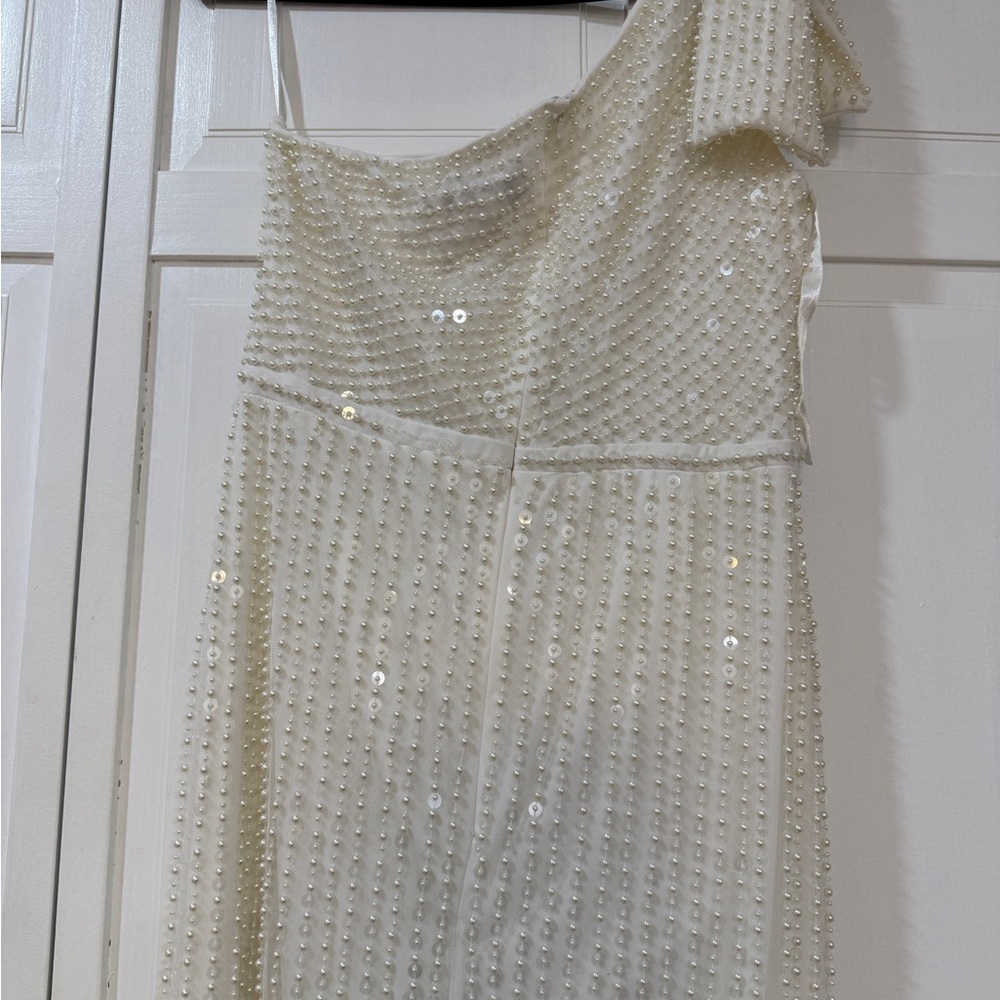 NWT | Mac Duggal 93735 White Pearl Soft Tie One Shoulder Gown Size 10 - Picture 9 of 14
